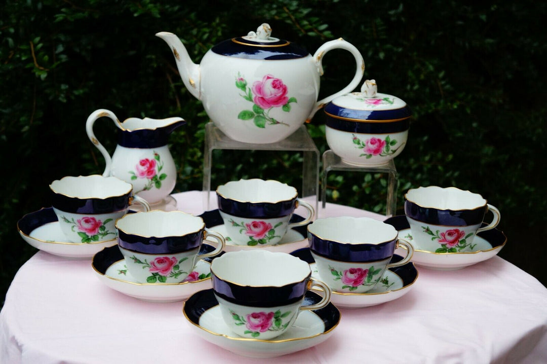 Meissen handpainted blue cobalt red rose tea set for 6 persons