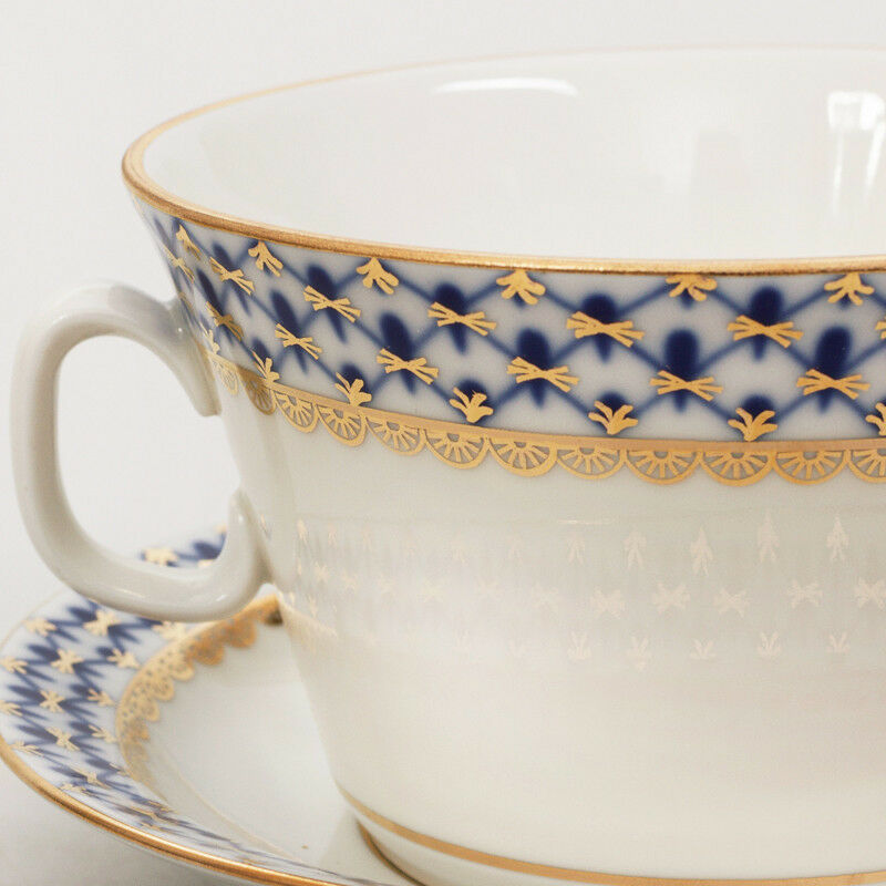 インペリアルポーセリン  スープボウル ＆  受け皿  ロモノーソフ  本物  コバルトネット