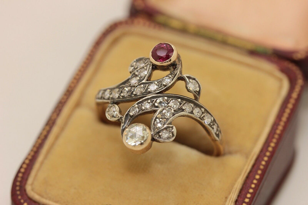 アンティーク オリジナル 14K ナチュラルダイヤモンドとルビーのリング