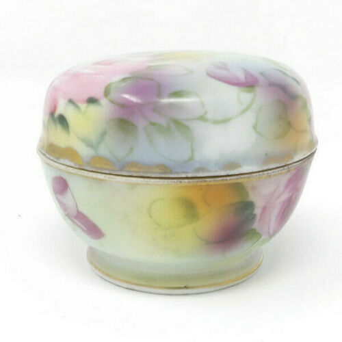 Antique Hand Painted M in Wreath Nippon Floral Trinket Box with Lid Morimura