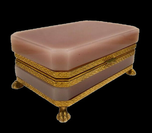 Opaline Glass Jewelry/Trinket Box/Casket | Gilded Bronze/Brass Frame | Old Pink