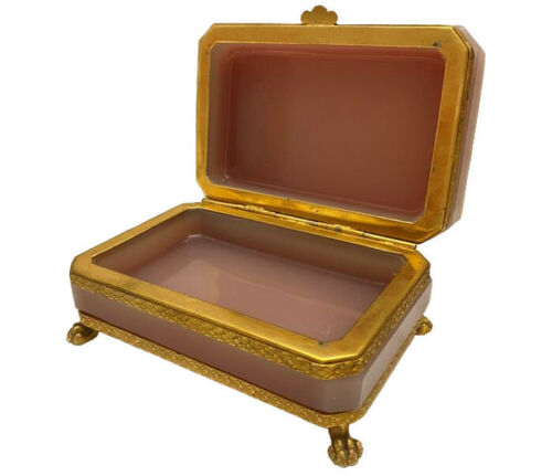 Opaline Glass Jewelry/Trinket Box/Casket | Gilded Bronze/Brass Frame | Old Pink