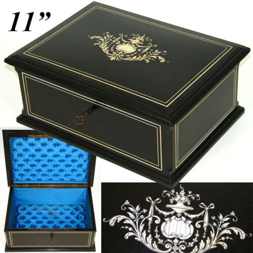 Elegant Antique French 11" Jewelry or Desk Box, Ebony Marquetry & Ornate Inlay