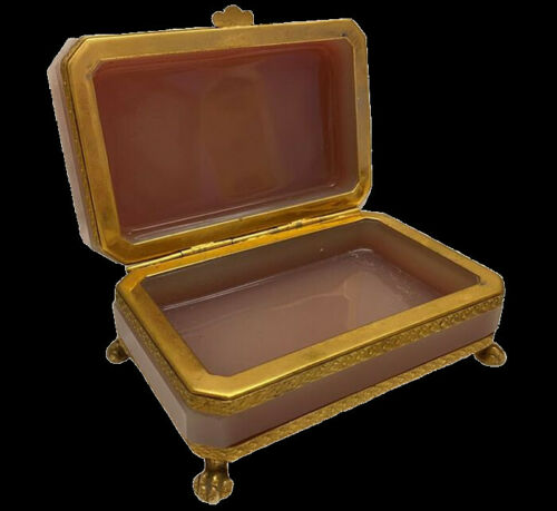 Opaline Glass Jewelry/Trinket Box/Casket | Gilded Bronze/Brass Frame | Old Pink