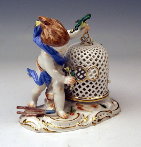 MEISSEN FIGUR DIE LUFT PUTTO KNABE VÖGEL KÄFIG CHERUBBOY BIRDS CAGE MNR: C 99