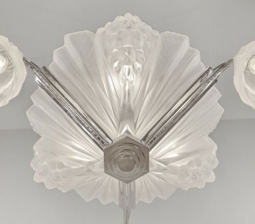 PETITOT : signed FRENCH 1930 ART DECO CHANDELIER ....... muller and degué shades