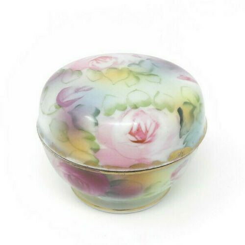 Antique Hand Painted M in Wreath Nippon Floral Trinket Box with Lid Morimura