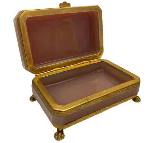 Opaline Glass Jewelry/Trinket Box/Casket | Gilded Bronze/Brass Frame | Old Pink