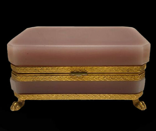 Opaline Glass Jewelry/Trinket Box/Casket | Gilded Bronze/Brass Frame | Old Pink