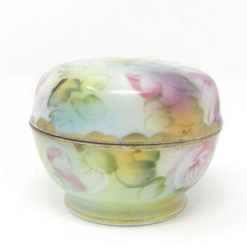 Antique Hand Painted M in Wreath Nippon Floral Trinket Box with Lid Morimura