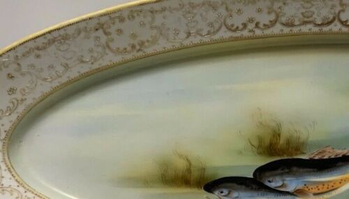 Nippon FISH PLATTER Hand Painted Morimura Bros 23" Gold Beaded Rim Antique Oval