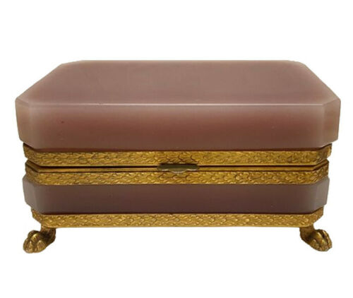 Opaline Glass Jewelry/Trinket Box/Casket | Gilded Bronze/Brass Frame | Old Pink