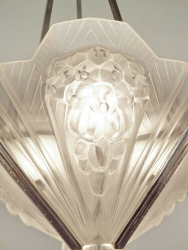 PETITOT : signed FRENCH 1930 ART DECO CHANDELIER ....... muller and degué shades