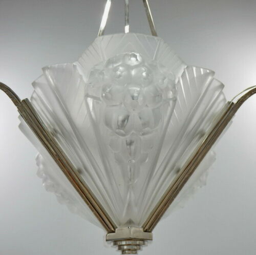PETITOT : signed FRENCH 1930 ART DECO CHANDELIER ....... muller and degué shades