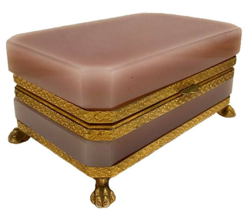 Opaline Glass Jewelry/Trinket Box/Casket | Gilded Bronze/Brass Frame | Old Pink