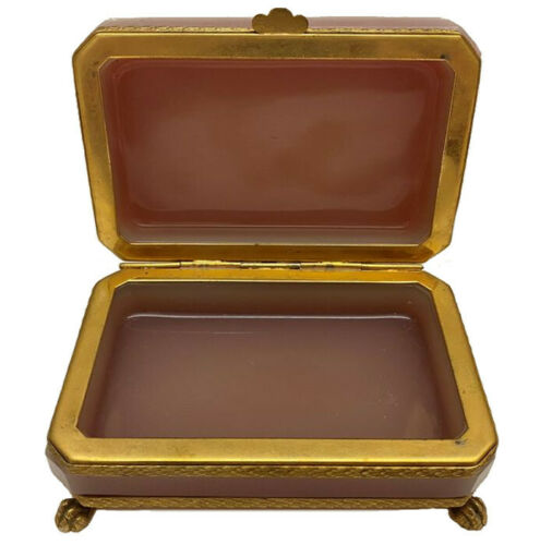 Opaline Glass Jewelry/Trinket Box/Casket | Gilded Bronze/Brass Frame | Old Pink