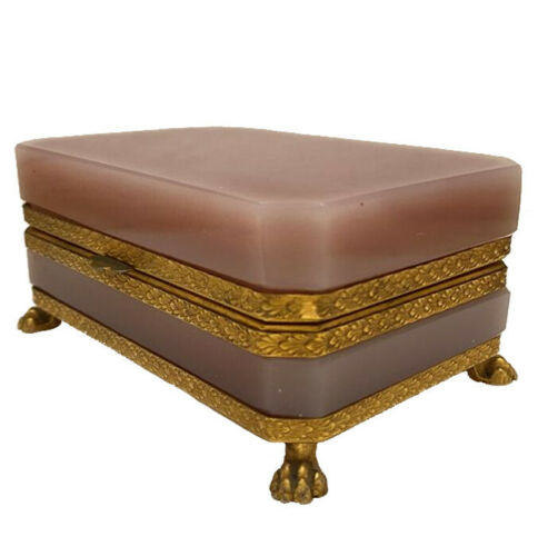 Opaline Glass Jewelry/Trinket Box/Casket | Gilded Bronze/Brass Frame | Old Pink