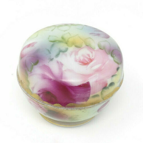 Antique Hand Painted M in Wreath Nippon Floral Trinket Box with Lid Morimura