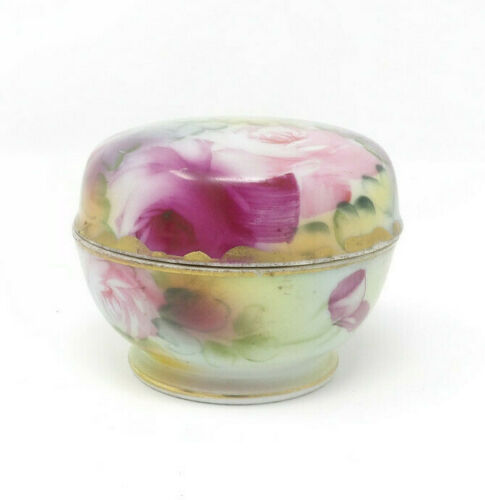 Antique Hand Painted M in Wreath Nippon Floral Trinket Box with Lid Morimura
