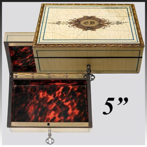 Stunning Antique French Jewelry Box, Cigar Casket, Boulle Work, Lock w Key
