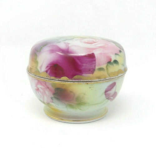 Antique Hand Painted M in Wreath Nippon Floral Trinket Box with Lid Morimura