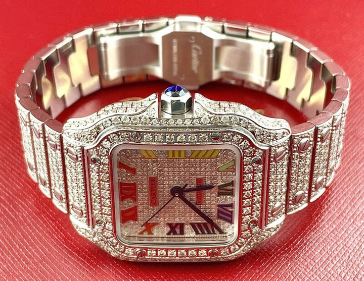 Cartier Santos Unisex 35mm Steel Watch Roman Iced Out 10ct Diamonds WSSA0029