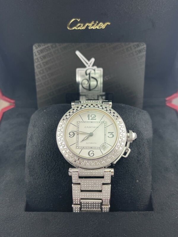 Cartier Pasha 40mm White Dial Custom Iced Out 8ct Genuine Diamonds Ref 2790