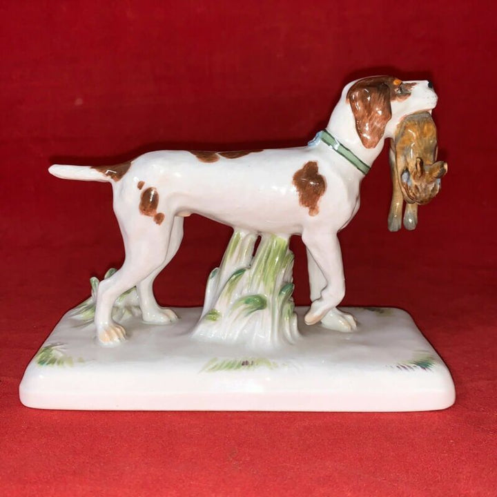 希少なマイセン磁器製動物フィギュリン ウサギと狩猟犬 HP C 1925年　ファイファー期