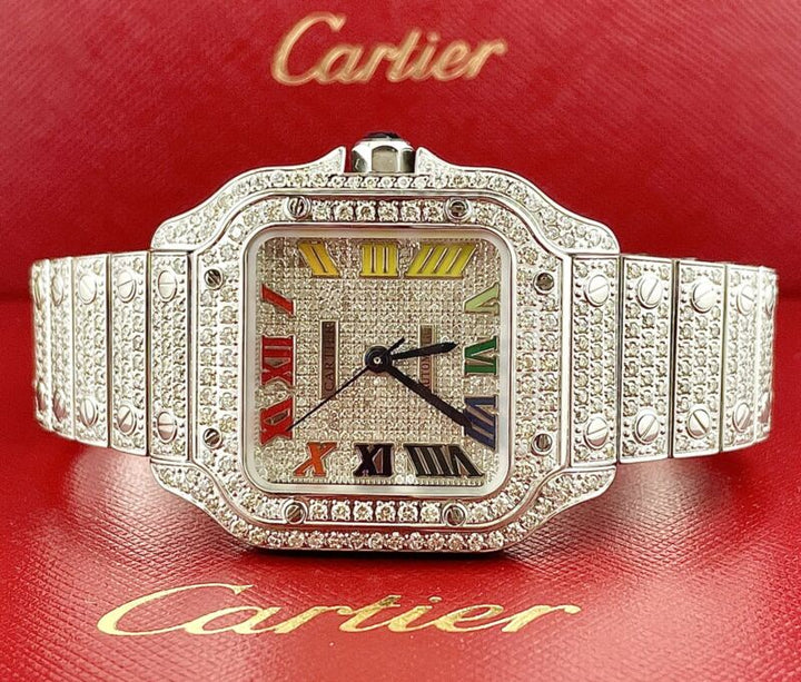 Cartier Santos Unisex 35mm Steel Watch Roman Iced Out 10ct Diamonds WSSA0029