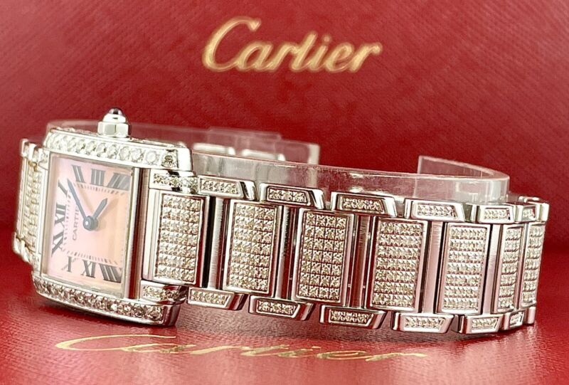 Cartier Tank Francaise 20mm PINK PEARL Dial Iced 4ct Genuine Diamonds Ref 3217
