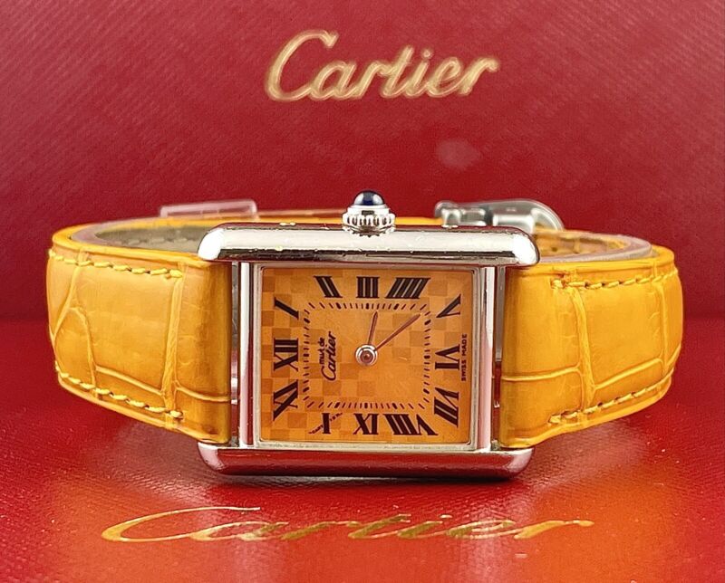 Cartier Tank 22mm 2416 Limited Edition Orange Quartz Lady Silver 925 Case Watch