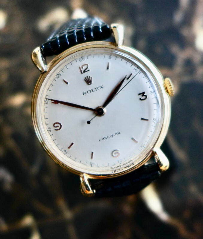 A BEAUTIFUL VINTAGE 1940s GENTS ROLEX PRECISION WITH TEARDROP LUGS 9K ROSE GOLD