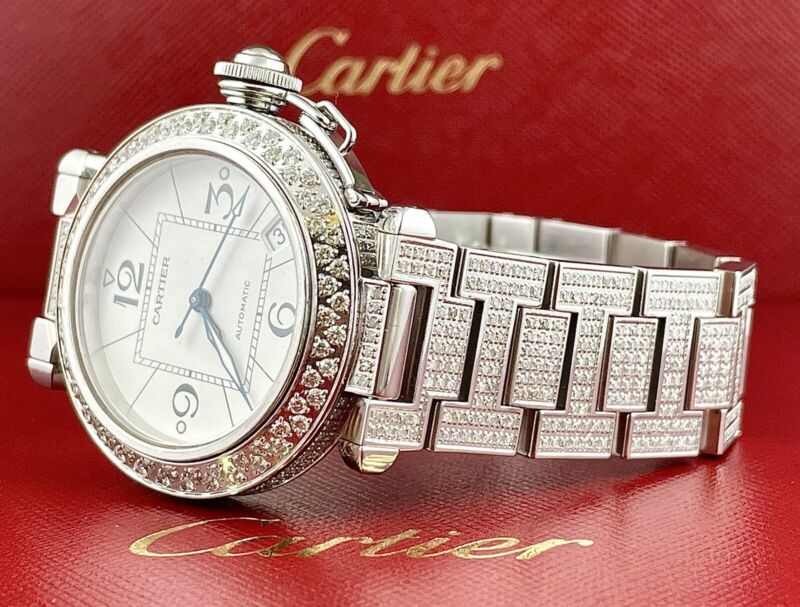 Cartier Pasha 35mm Ladies Auto Steel White Dial Black Arabic Iced 6ct Diamonds