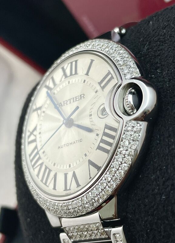 Cartier Ballon Bleu Watch 42mm Iced Out 10ct Diamonds Steel Auto W69012Z4