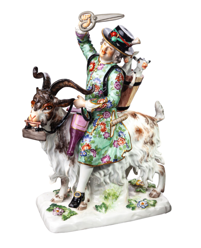 マイセン人形　「山羊に乗った仕立て屋」 by JJ.J ディーラー　一級品　1924-34年 21 cm-