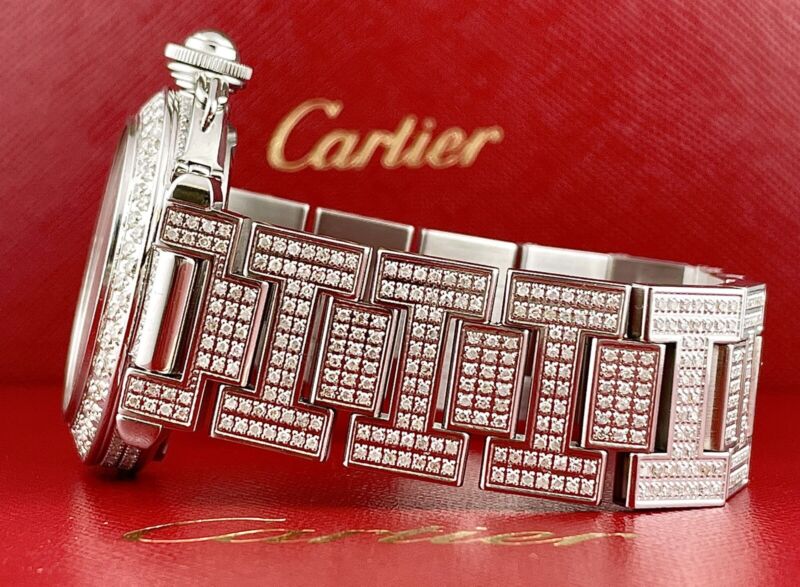 Cartier Pasha 35mm Ladies Auto Steel White Dial Black Arabic Iced 6ct Diamonds