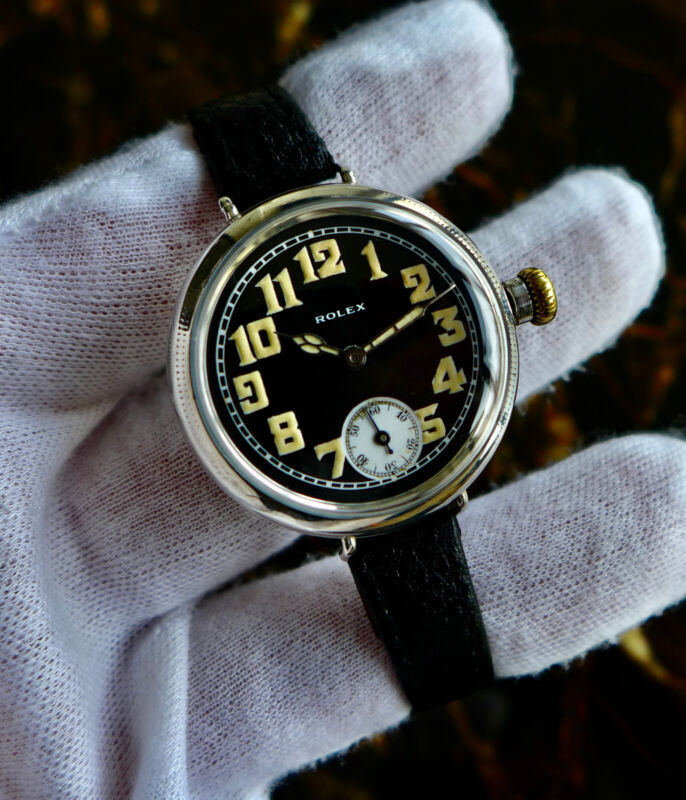 A EARLY VINTAGE 1914 WW1 GENTS BRITISH MILITARY ROLEX TRENCH SILVER LARGE 35mm