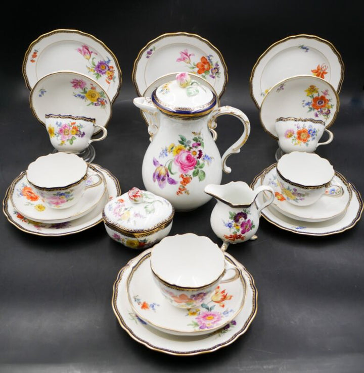 マイセン コーヒーサービス 6人用 Aカンテ　フラワーブーケ コバルトブルーエッジ ゴールド