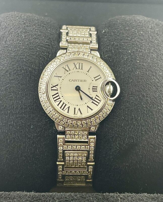 Cartier Ballon Bleu Ladies Watch 29mm Iced Out 6ct Diamonds Steel Quartz 3009