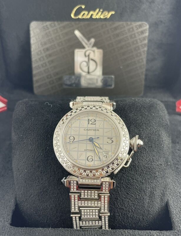 Cartier Pasha 35mm Ladies Auto Steel Watch Silver Dial Iced 6ct Diamonds 2324
