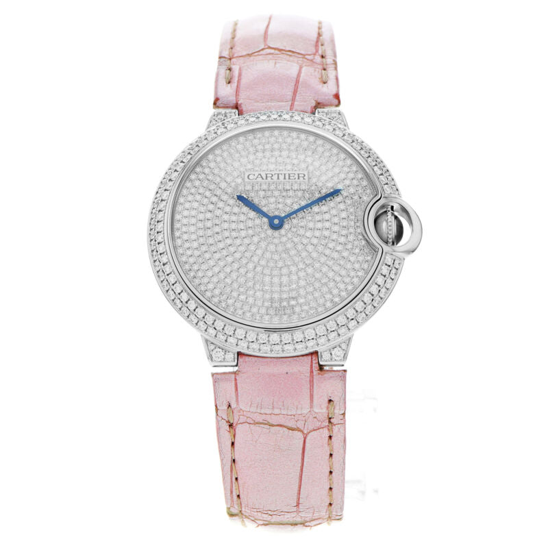 Cartier Ballon Bleu WE902042 3262 Factory Pave Diamond 18k 36mm White Gold Watch