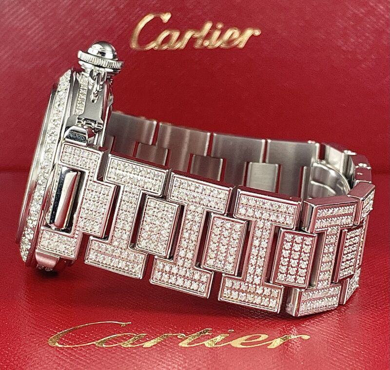 Cartier Pasha 35mm Ladies Auto Steel Watch Black Dial Iced 6ct Diamonds Ref 2550