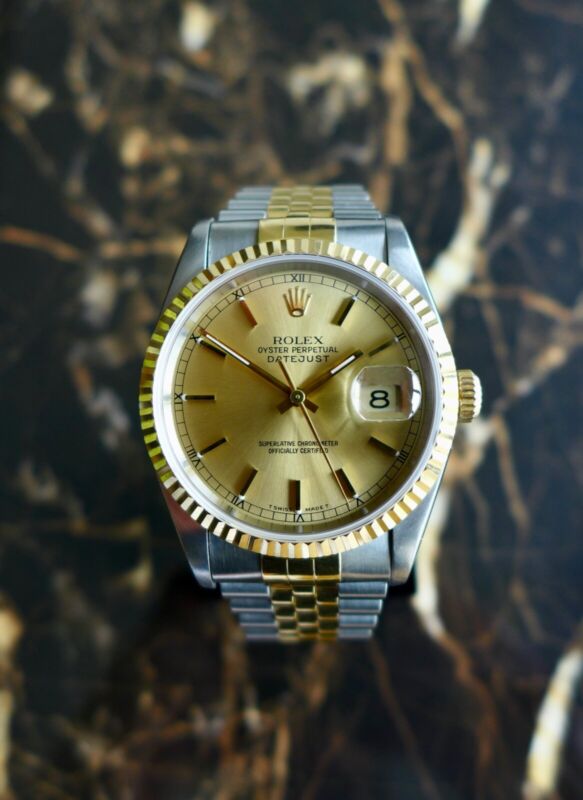 A STUNNING GENTS 1996 ROLEX OYSTER DATEJUST 36mm BOX CERT FULL SET S/GOLD 1999