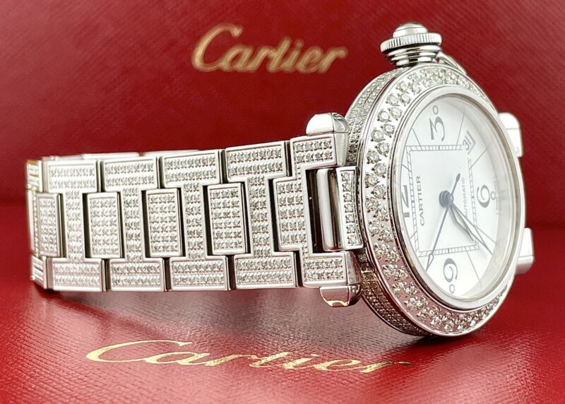 Cartier Pasha 35mm Ladies Auto Steel White Dial Black Arabic Iced 6ct Diamonds