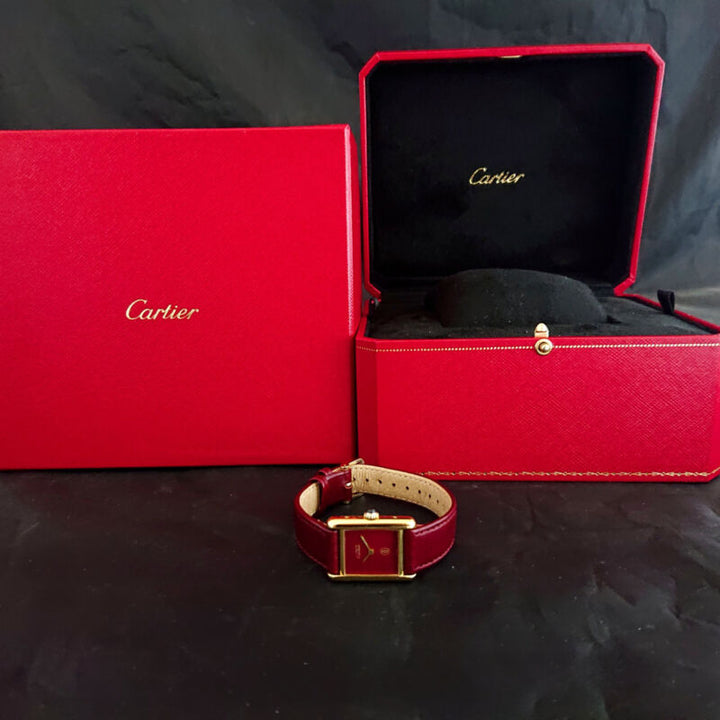 CARTIER Paris Tank Must Vermeil Ladies Silver Maroon Quartz Watch Circa 1990