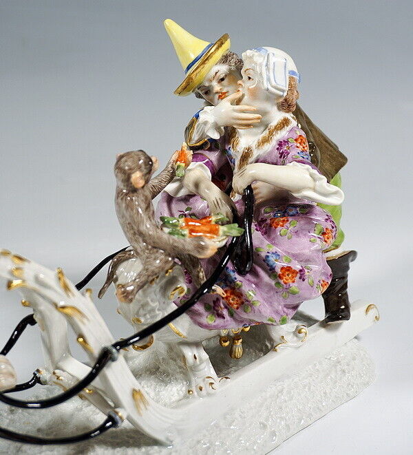 マイセン人形(MEISSEN)、そり遊び宮廷道化師フローリッヒとシュミーデル、1850年、1級品