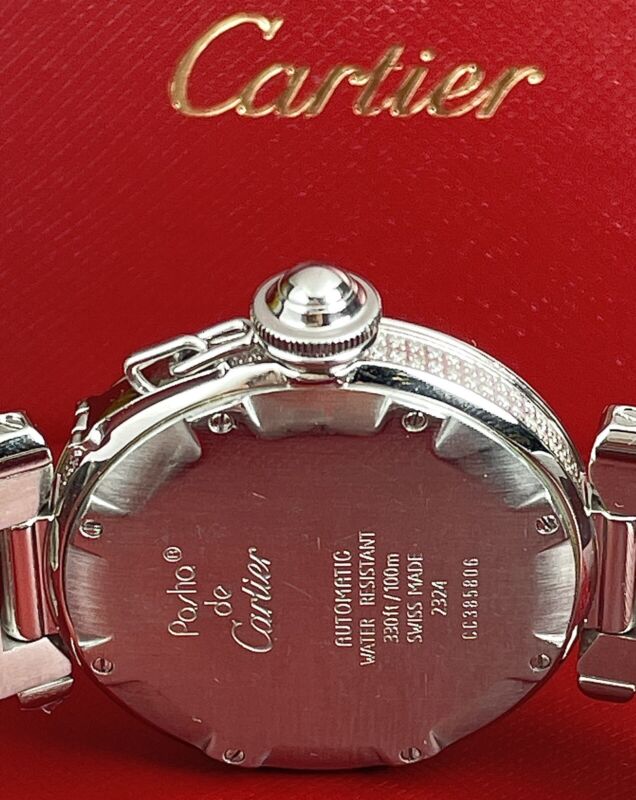 Cartier Pasha 35mm Ladies Auto Steel Watch Silver Dial Iced 6ct Diamonds 2324