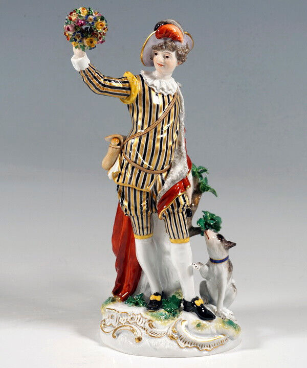 マイセン人形（フィギュリン）花輪を持つ羊飼いとシェパード犬