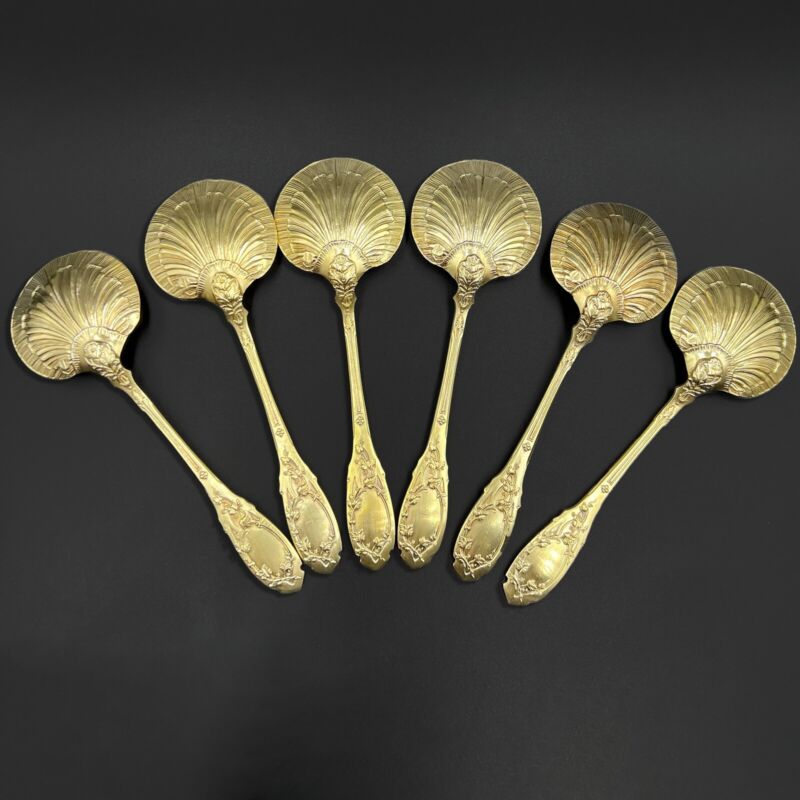 PUIFORCAT, RARE 6 Strawberry Spoons, Solid Silver & Vermeil-