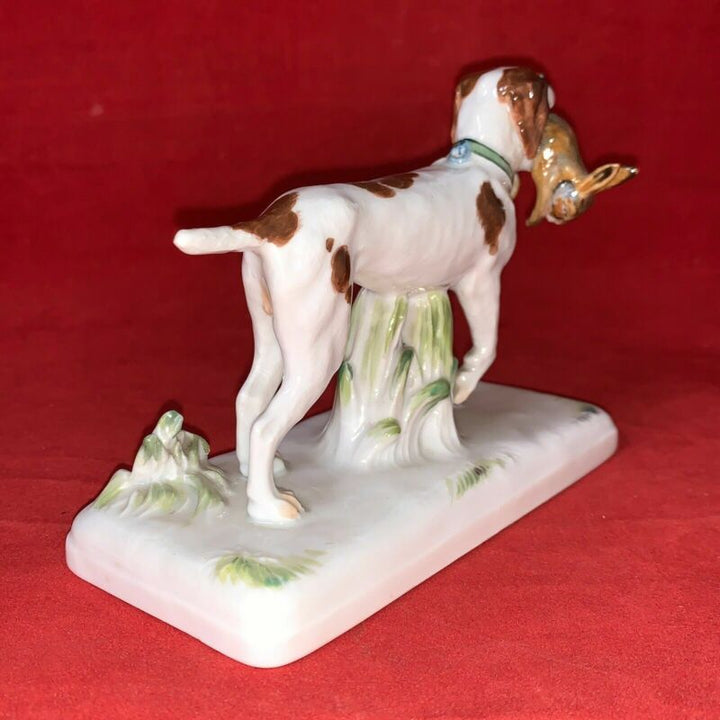 希少なマイセン磁器製動物フィギュリン ウサギと狩猟犬 HP C 1925年　ファイファー期